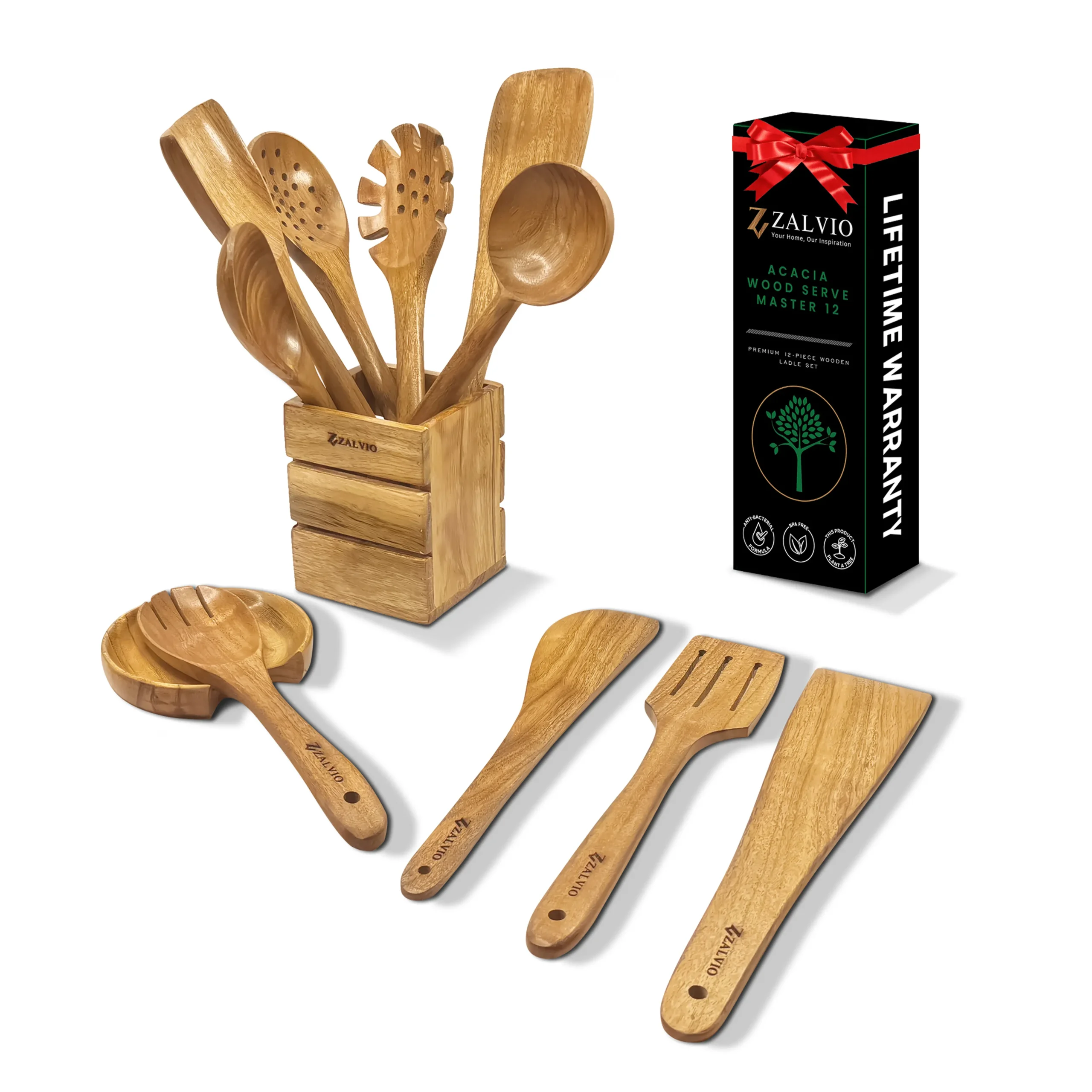 Zalvio 12-Piece Acacia Wood Utensil Set
